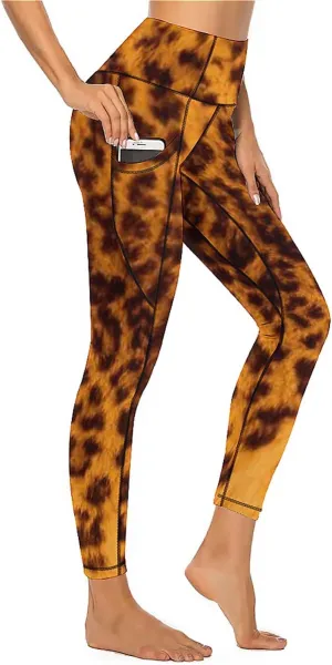 QIVICIMA Workout Leggings for Women Leopard Print High Waist Exercise Yoga Pants 4-Way Stretch Leggings with Pockets