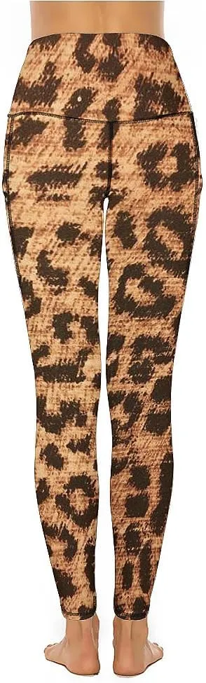 QIVICIMA Workout Leggings for Women Leopard Print High Waist Exercise Yoga Pants 4-Way Stretch Leggings with Pockets