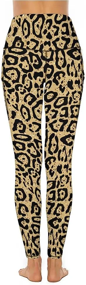 QIVICIMA Workout Leggings for Women Leopard Print High Waist Exercise Yoga Pants 4-Way Stretch Leggings with Pockets