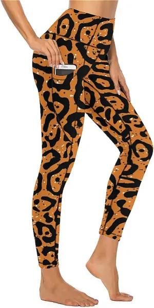 QIVICIMA Workout Leggings for Women Leopard Print High Waist Exercise Yoga Pants 4-Way Stretch Leggings with Pockets