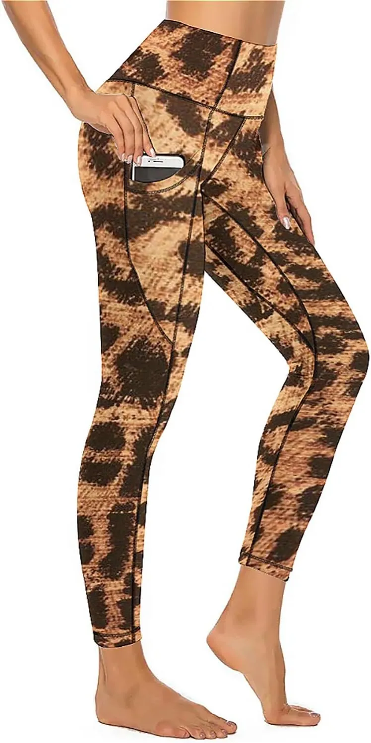 QIVICIMA Workout Leggings for Women Leopard Print High Waist Exercise Yoga Pants 4-Way Stretch Leggings with Pockets
