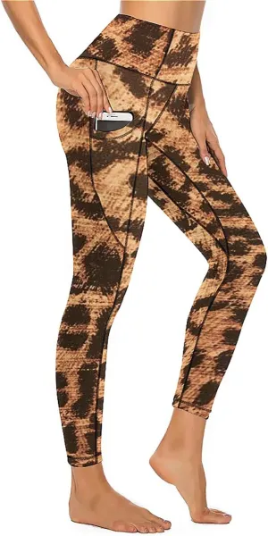 QIVICIMA Workout Leggings for Women Leopard Print High Waist Exercise Yoga Pants 4-Way Stretch Leggings with Pockets
