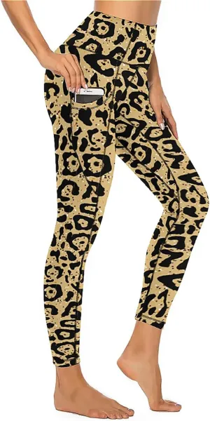 QIVICIMA Workout Leggings for Women Leopard Print High Waist Exercise Yoga Pants 4-Way Stretch Leggings with Pockets