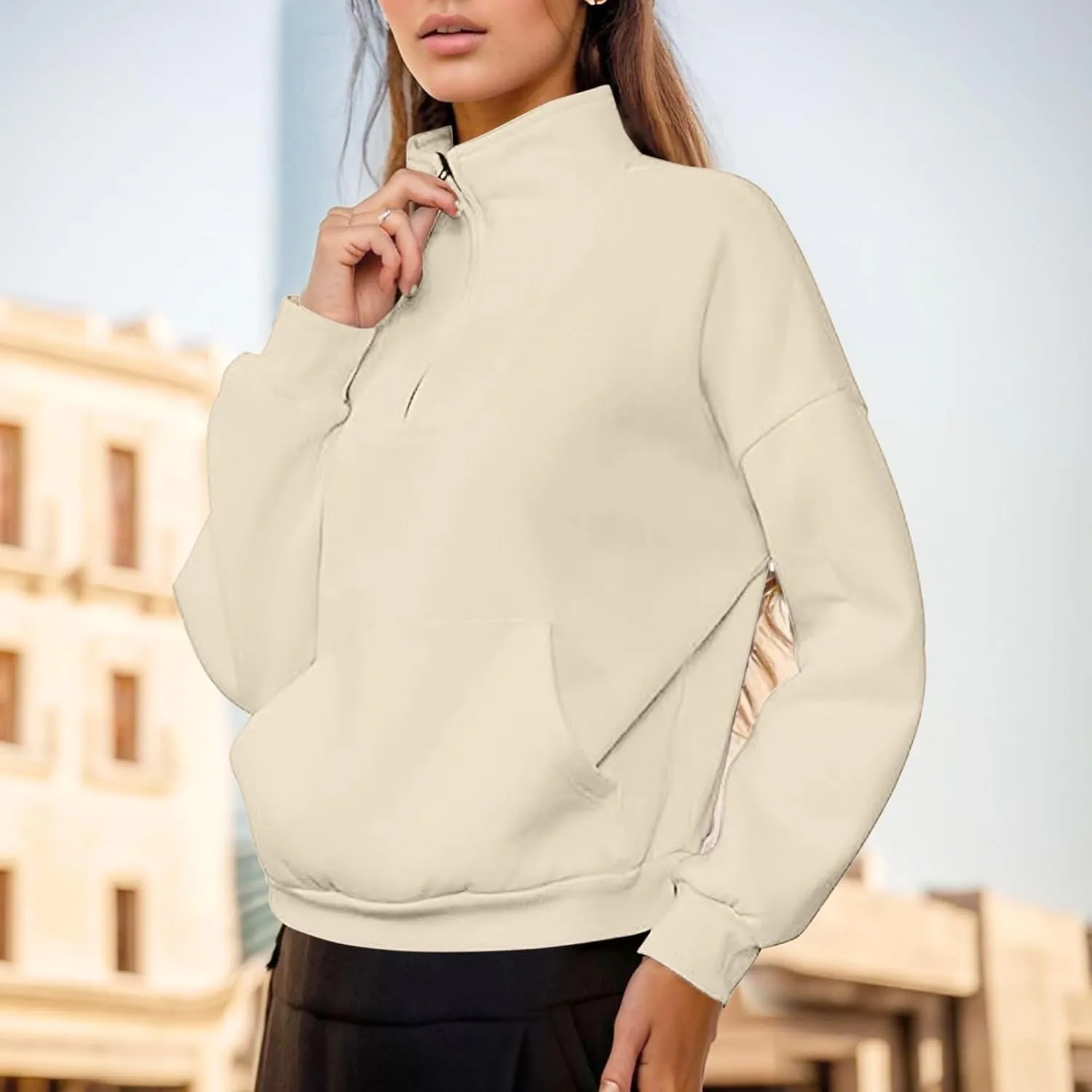 Quarter Zip Oversized Sweatshirt for Women Half Zip Cropped Pullover Fall Fleece Tops Teen Girls Y2k Clothe