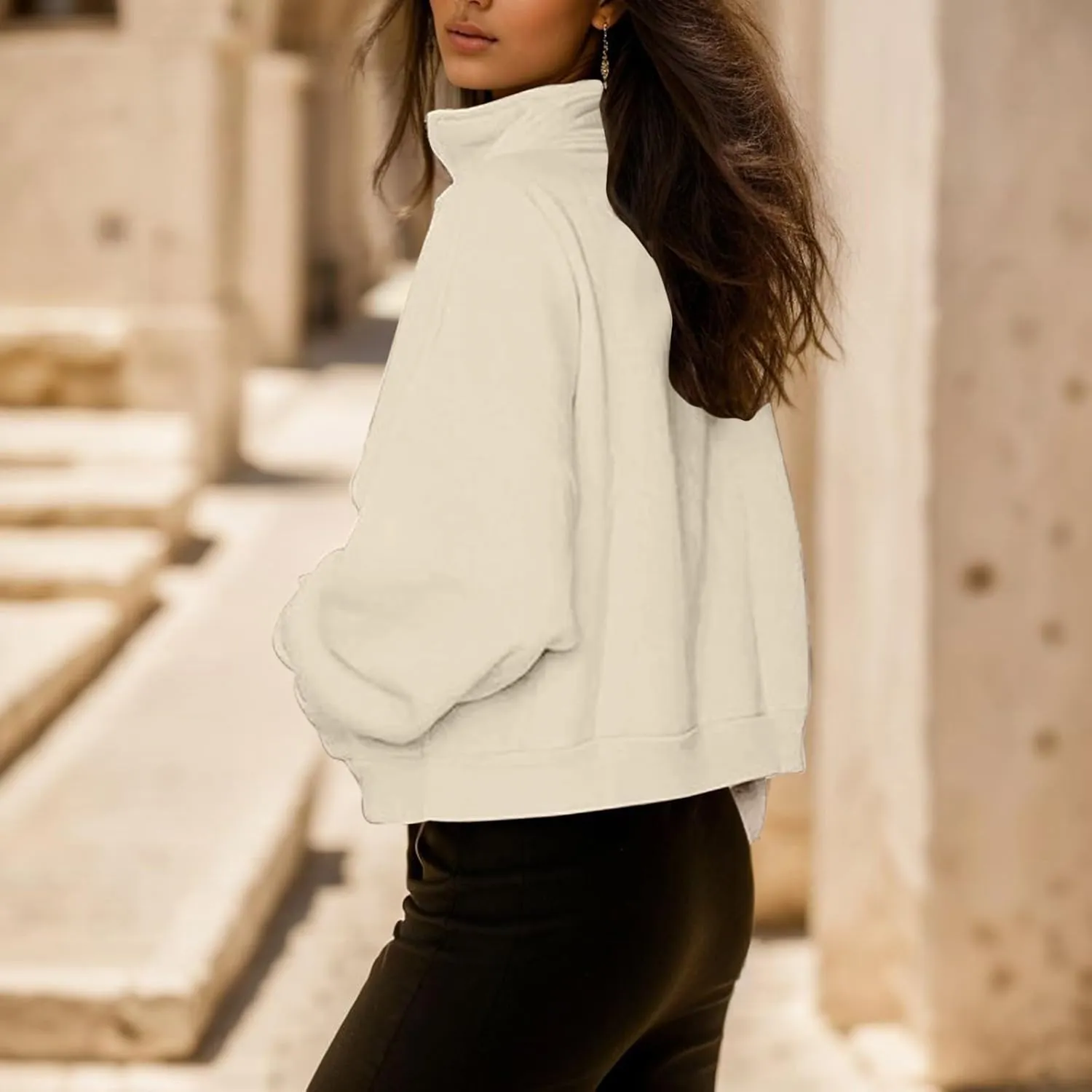 Quarter Zip Oversized Sweatshirt for Women Half Zip Cropped Pullover Fall Fleece Tops Teen Girls Y2k Clothe