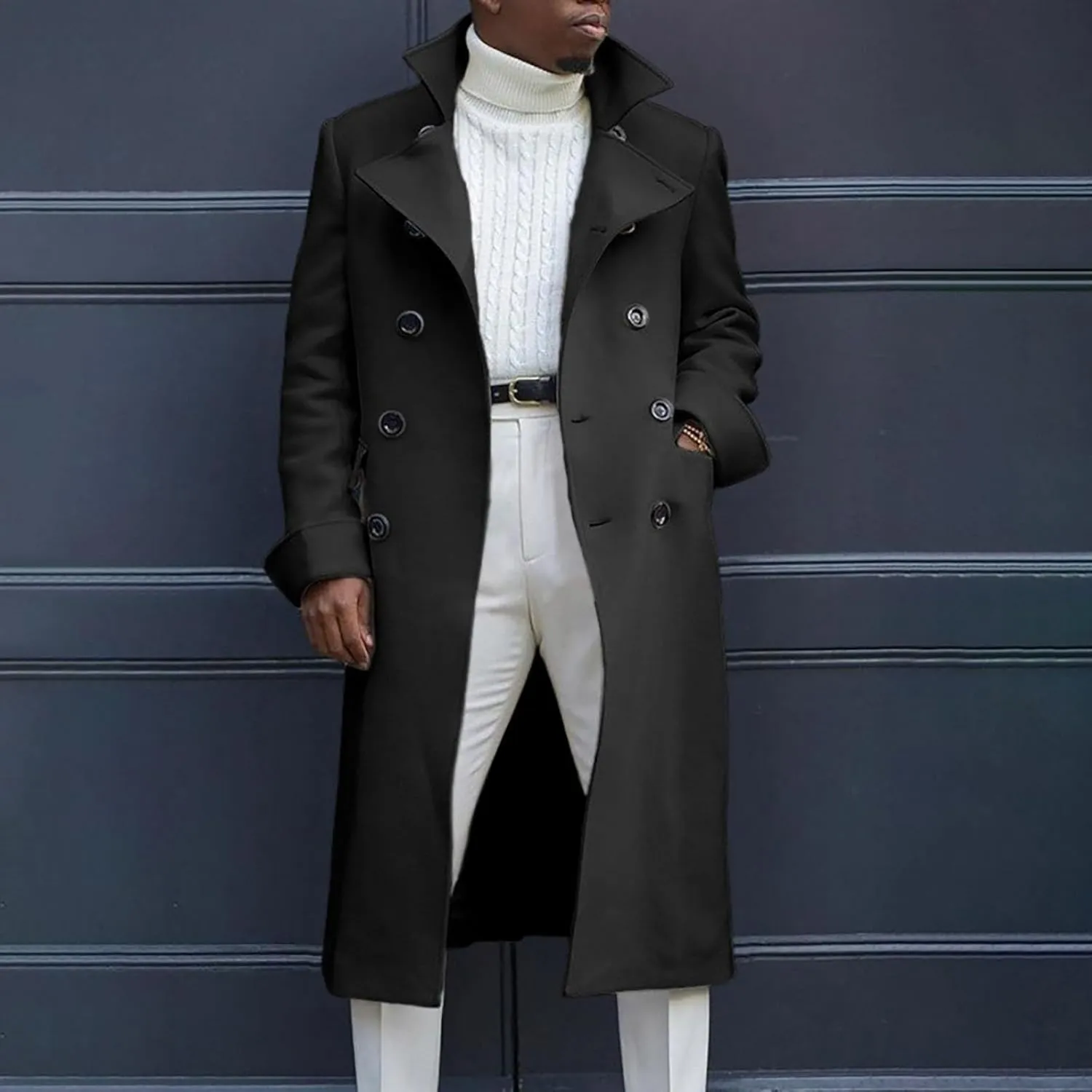 QWENTMTNTY Wool Pea Coats for Men Winter Slim Fit Casual Single Breasted Trench Coat Mid-Length Thermal Business Peacoat