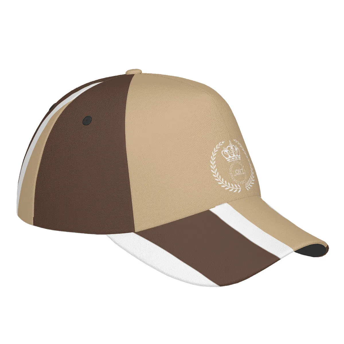 Royalty 24 White Logo, Tan Stripes & White  Curved Brim Baseball Cap (AOP)