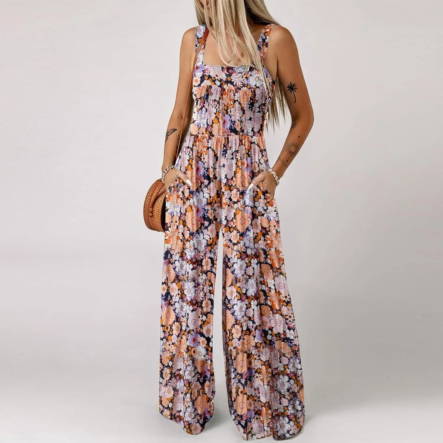 Rvidbe Rompers for Women 2025 Dressy Summer Casual Beach Vacation Floral Print Boho Long Romper Sleeveless Wide Leg Jumpsuits