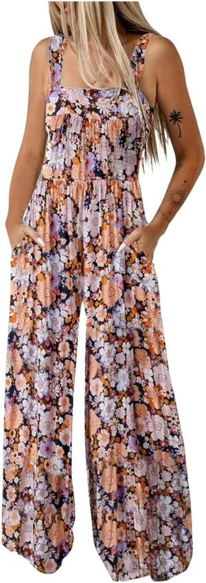 Rvidbe Rompers for Women 2025 Dressy Summer Casual Beach Vacation Floral Print Boho Long Romper Sleeveless Wide Leg Jumpsuits