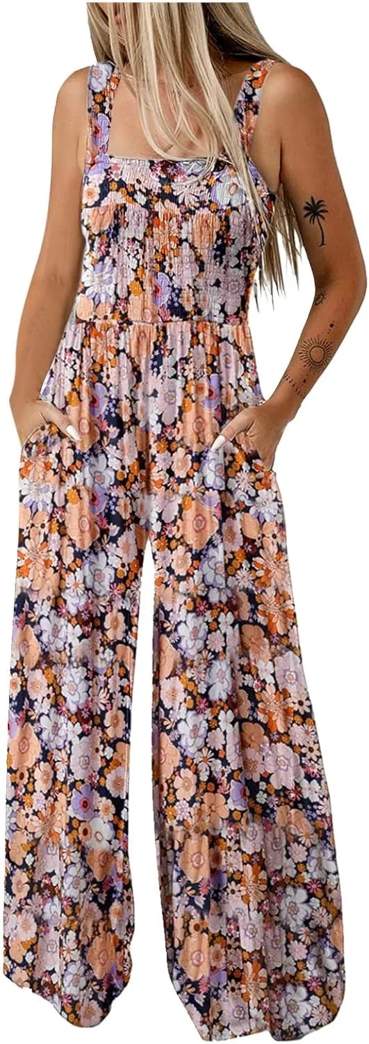 Rvidbe Rompers for Women 2025 Dressy Summer Casual Beach Vacation Floral Print Boho Long Romper Sleeveless Wide Leg Jumpsuits