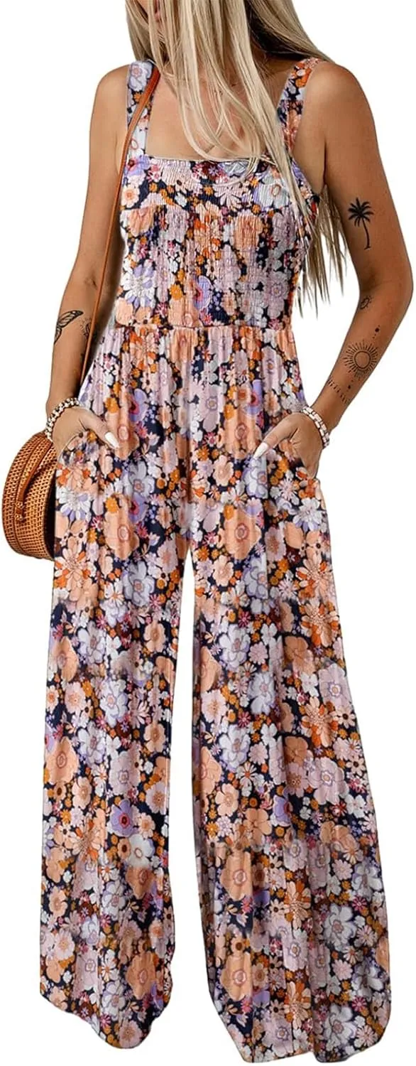 Rvidbe Rompers for Women 2025 Dressy Summer Casual Beach Vacation Floral Print Boho Long Romper Sleeveless Wide Leg Jumpsuits