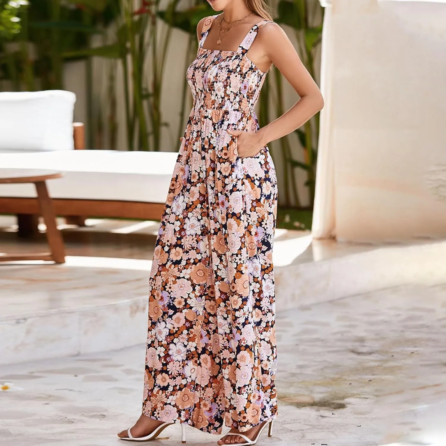 Rvidbe Rompers for Women 2025 Dressy Summer Casual Beach Vacation Floral Print Boho Long Romper Sleeveless Wide Leg Jumpsuits