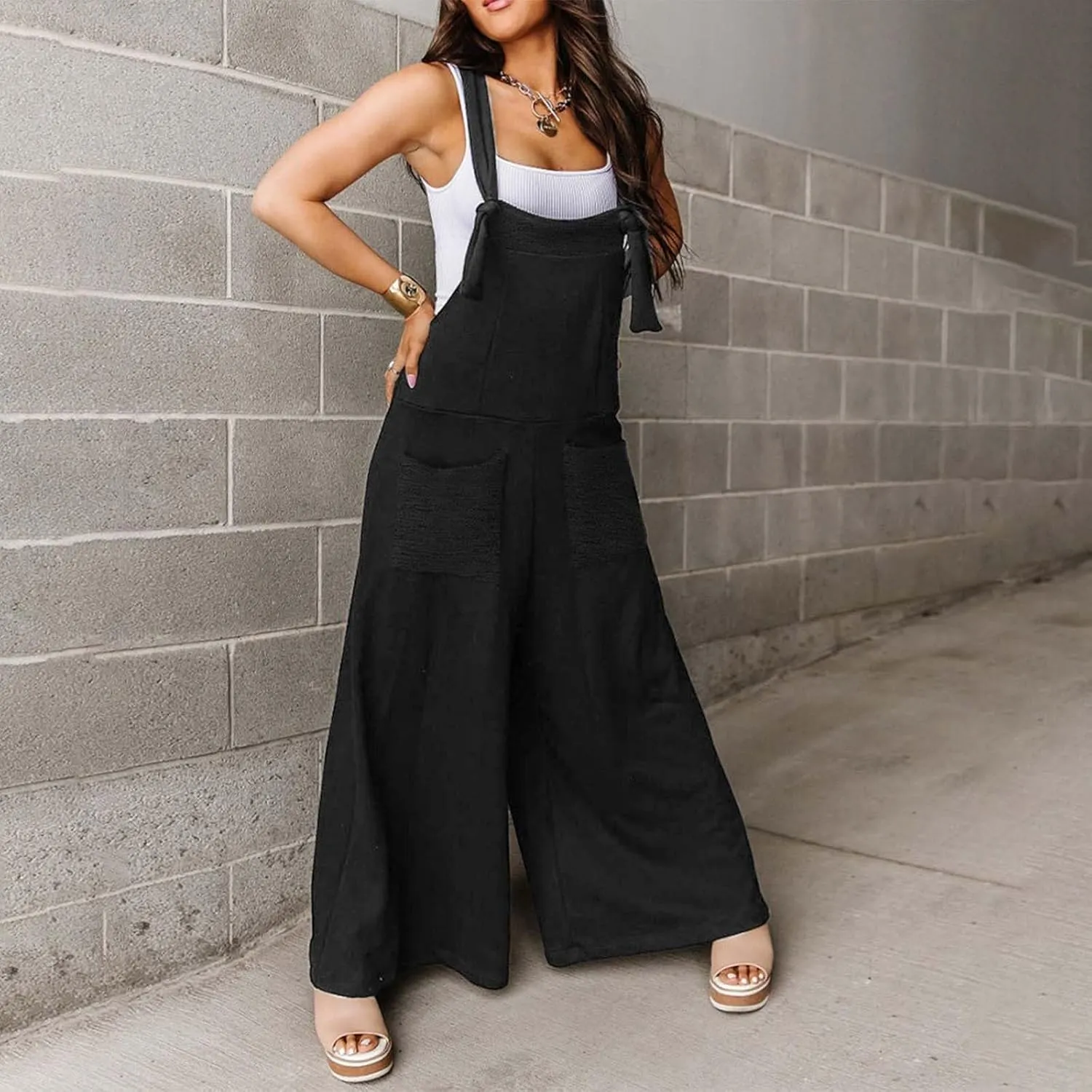 Rvidbe Women Sleeveless Cotton Linen Bib Overalls Summer Casual Loose Fit Wide Leg Stretchy Jumpsuits Romper with Pockets