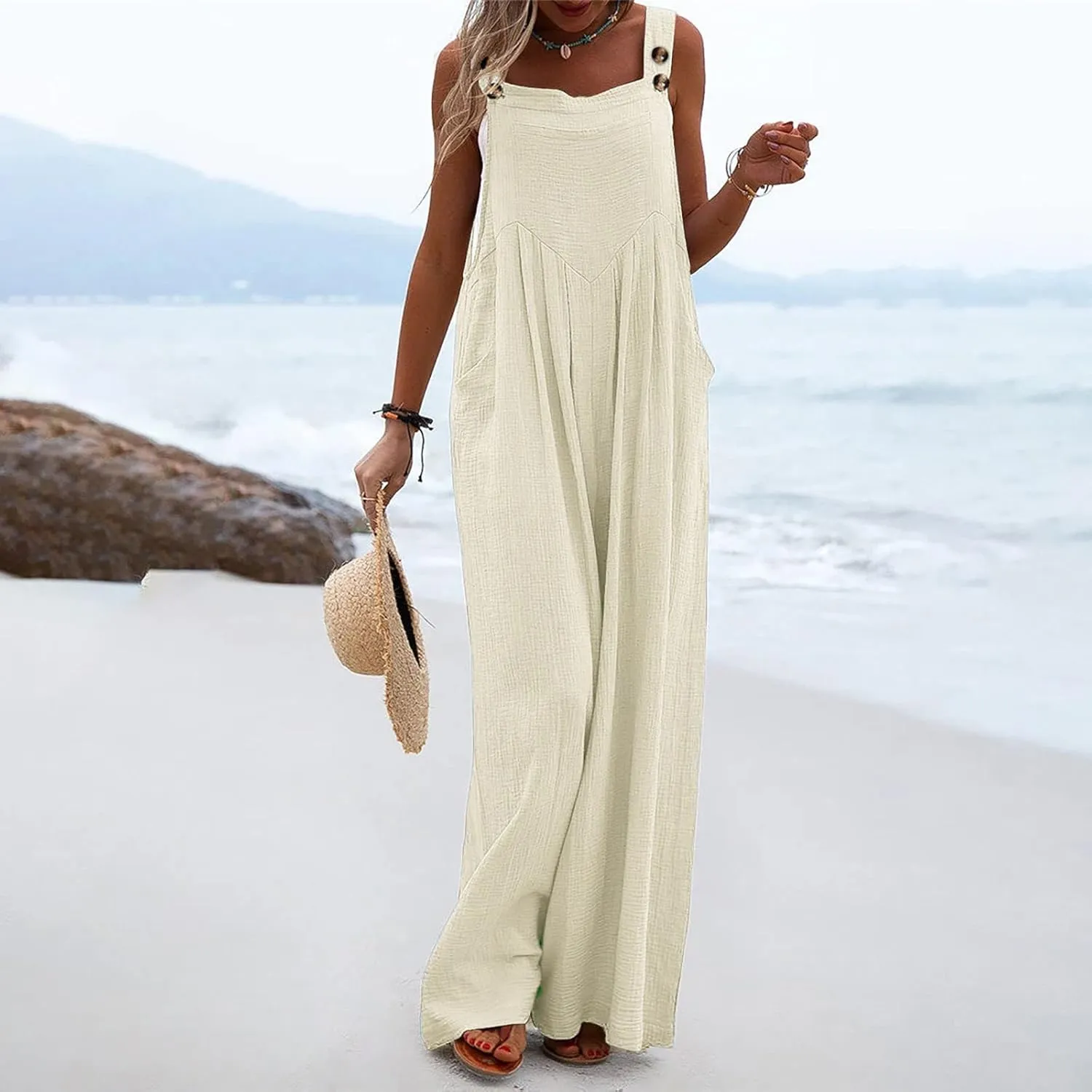 Rvidbe Womens Beach Dressy Bib Overalls Vacation Wide Leg Pants Jumpsuits Summer Casual Waffle Knit Rompers with Pockets