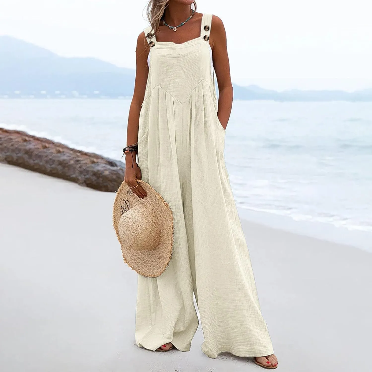 Rvidbe Womens Beach Dressy Bib Overalls Vacation Wide Leg Pants Jumpsuits Summer Casual Waffle Knit Rompers with Pockets
