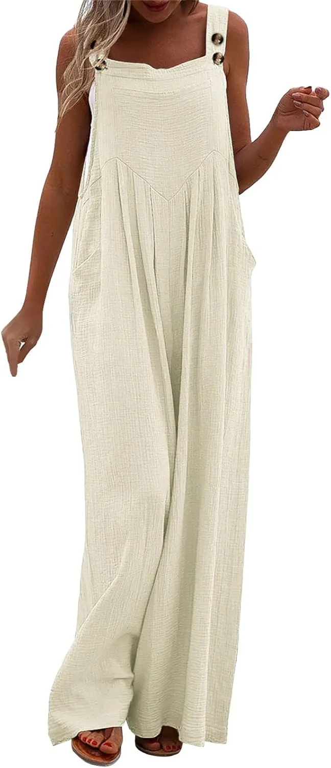 Rvidbe Womens Beach Dressy Bib Overalls Vacation Wide Leg Pants Jumpsuits Summer Casual Waffle Knit Rompers with Pockets