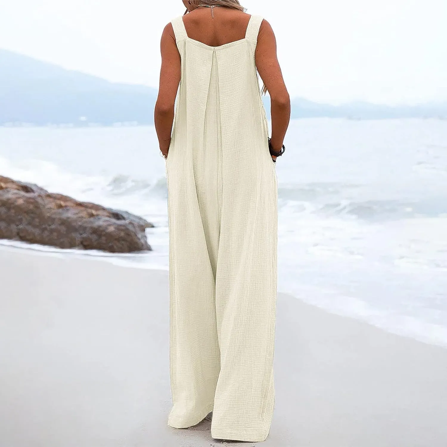 Rvidbe Womens Beach Dressy Bib Overalls Vacation Wide Leg Pants Jumpsuits Summer Casual Waffle Knit Rompers with Pockets