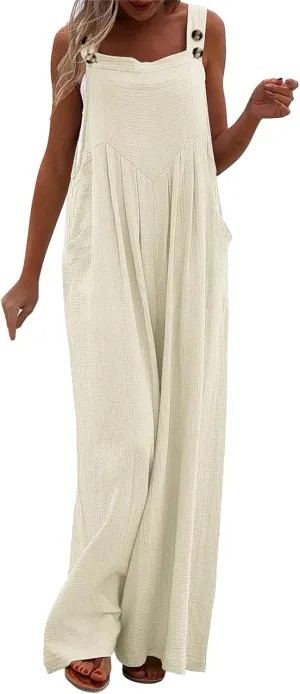 Rvidbe Womens Beach Dressy Bib Overalls Vacation Wide Leg Pants Jumpsuits Summer Casual Waffle Knit Rompers with Pockets