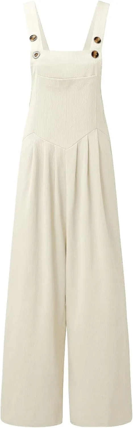 Rvidbe Womens Beach Dressy Bib Overalls Vacation Wide Leg Pants Jumpsuits Summer Casual Waffle Knit Rompers with Pockets