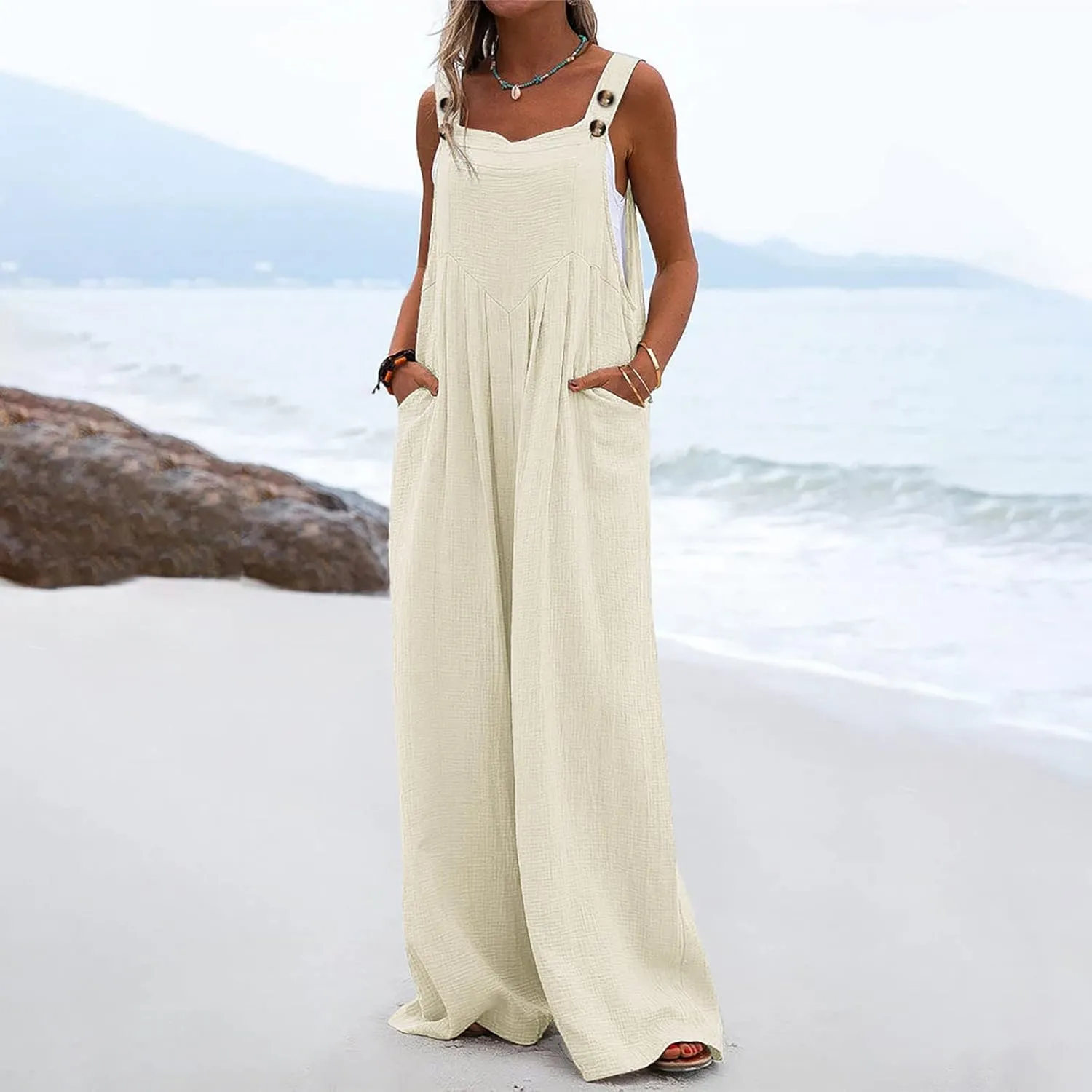 Rvidbe Womens Beach Dressy Bib Overalls Vacation Wide Leg Pants Jumpsuits Summer Casual Waffle Knit Rompers with Pockets