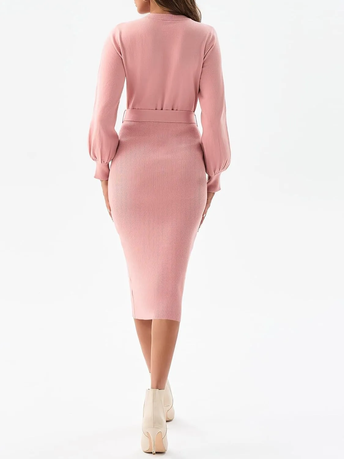 Saodimallsu Womens Long Puff Sleeve Sweater Dress Crew Neck Bodycon Ribbed Knit Fall Midi Dresses with Belt