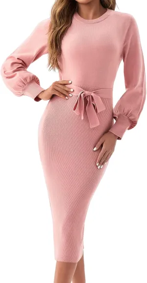 Saodimallsu Womens Long Puff Sleeve Sweater Dress Crew Neck Bodycon Ribbed Knit Fall Midi Dresses with Belt