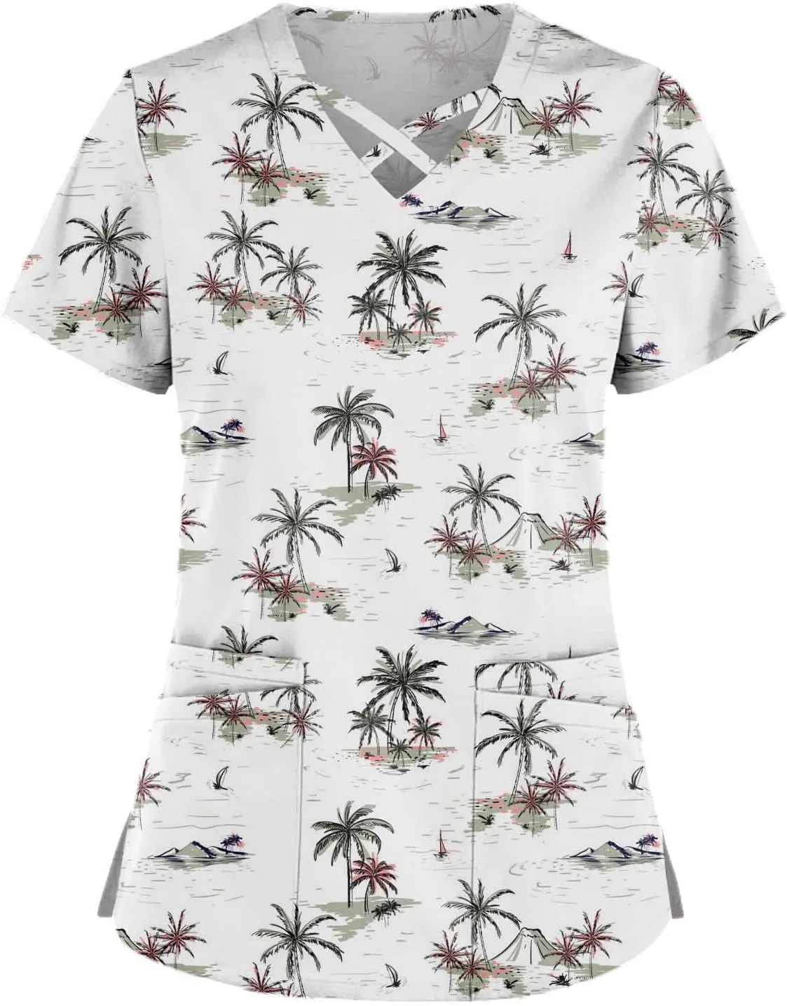 Scrub Tops Women Print Short Sleeve Working T-Shirts Criss Cross V Neck Fashion Nurse Uniforms Cute Care T Shirts
