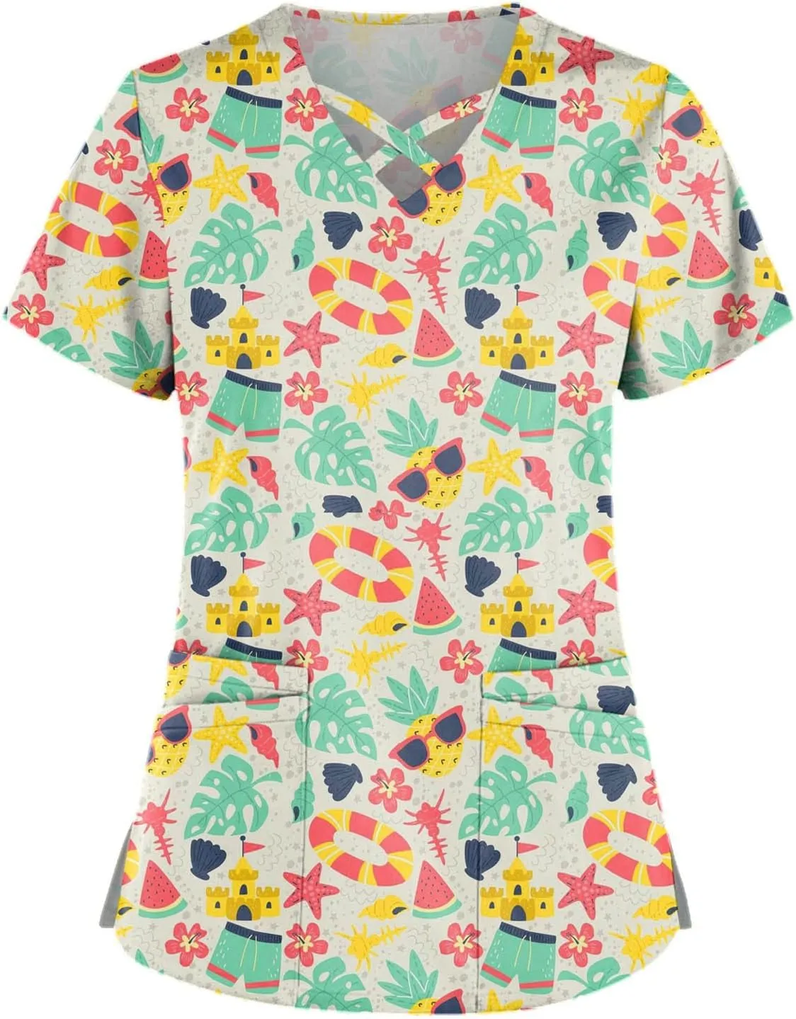 Scrub Tops Women Print Short Sleeve Working T-Shirts Criss Cross V Neck Fashion Nurse Uniforms Cute Care T Shirts
