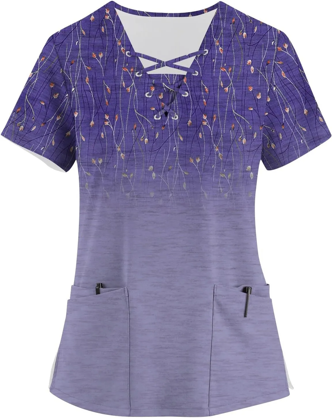 Scrubs for Women Print Criss Cross V Neck Working T-Shirts Short Sleeve T Shirts Trendy Scrubs Tops with 4 Pockets