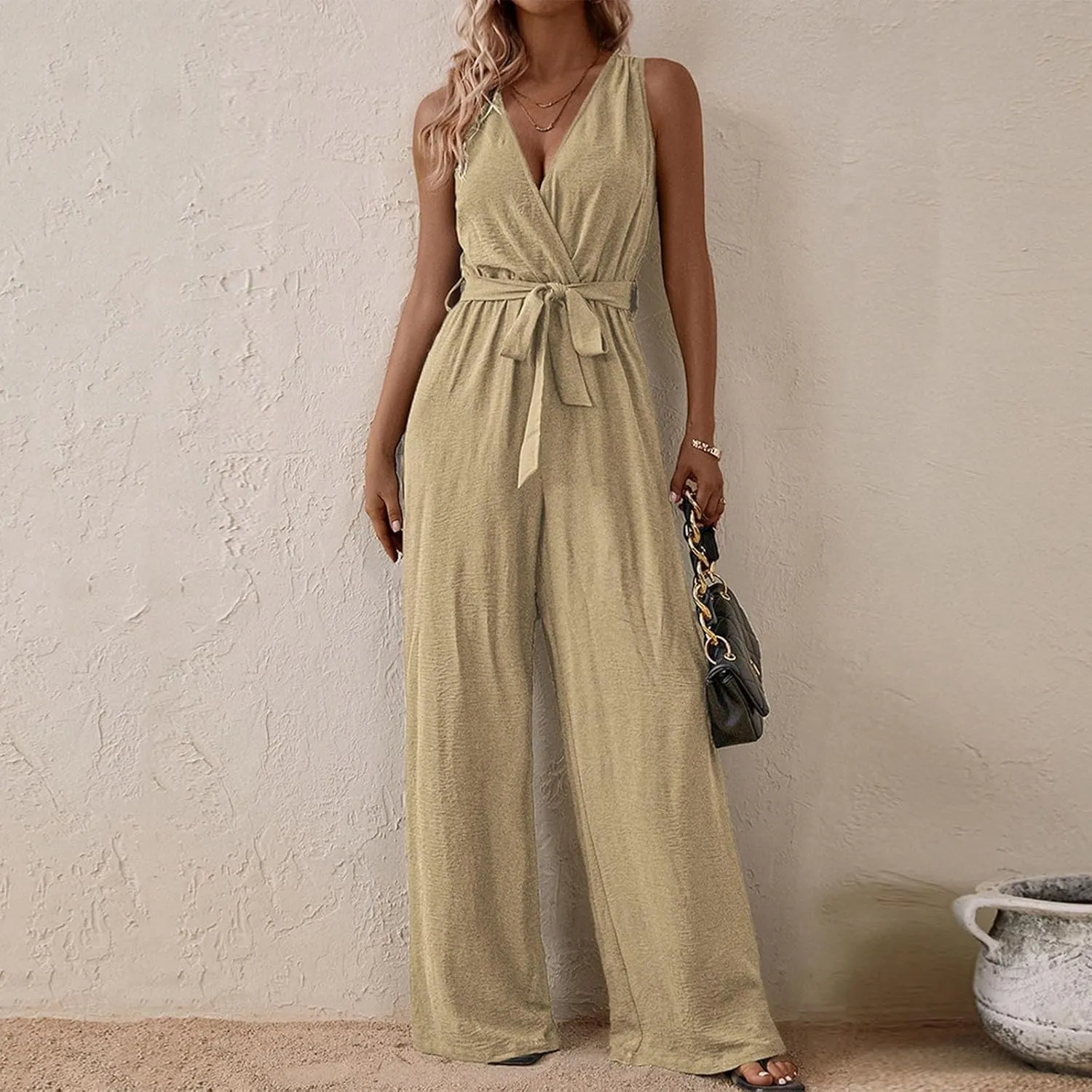 Sexy Jumpsuits for Women Linen Deep V Neck Sleeveless Belted Loose Fit Overalls Wrap Baggy Wide Leg Summer Beach Flowy Pants