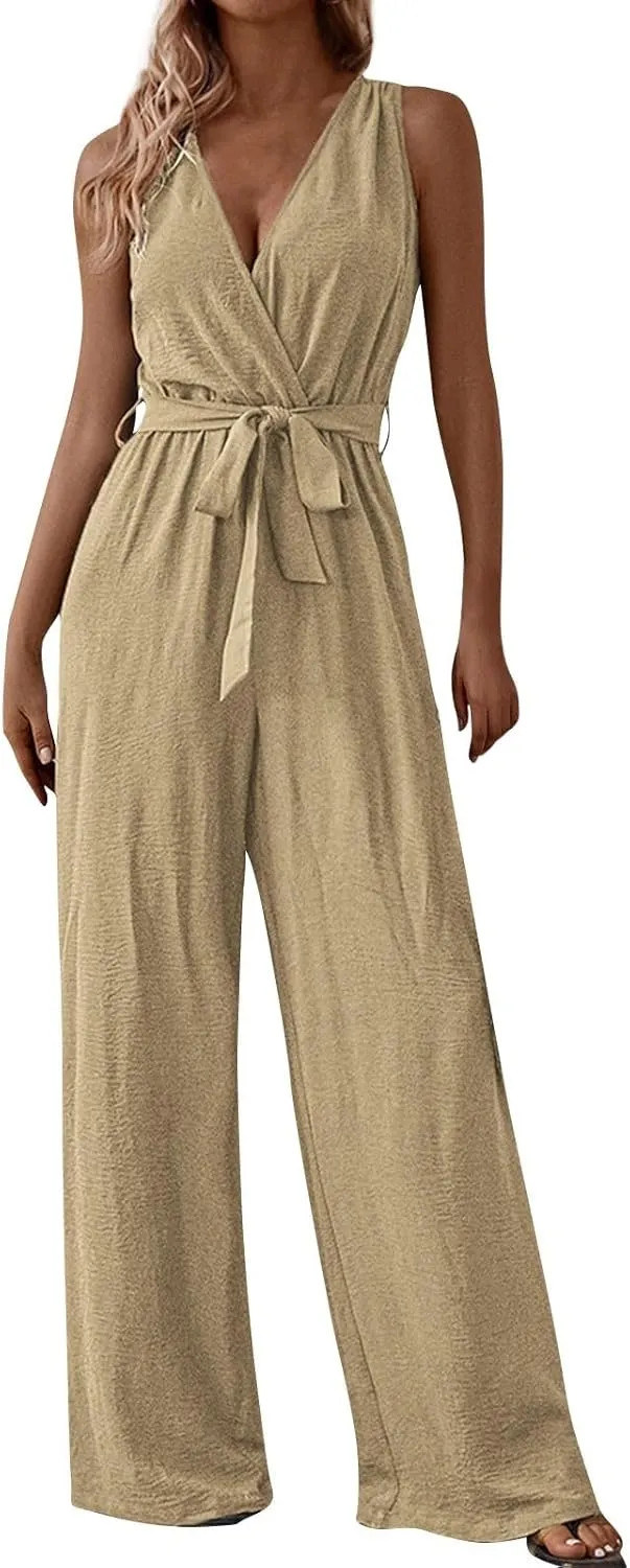 Sexy Jumpsuits for Women Linen Deep V Neck Sleeveless Belted Loose Fit Overalls Wrap Baggy Wide Leg Summer Beach Flowy Pants