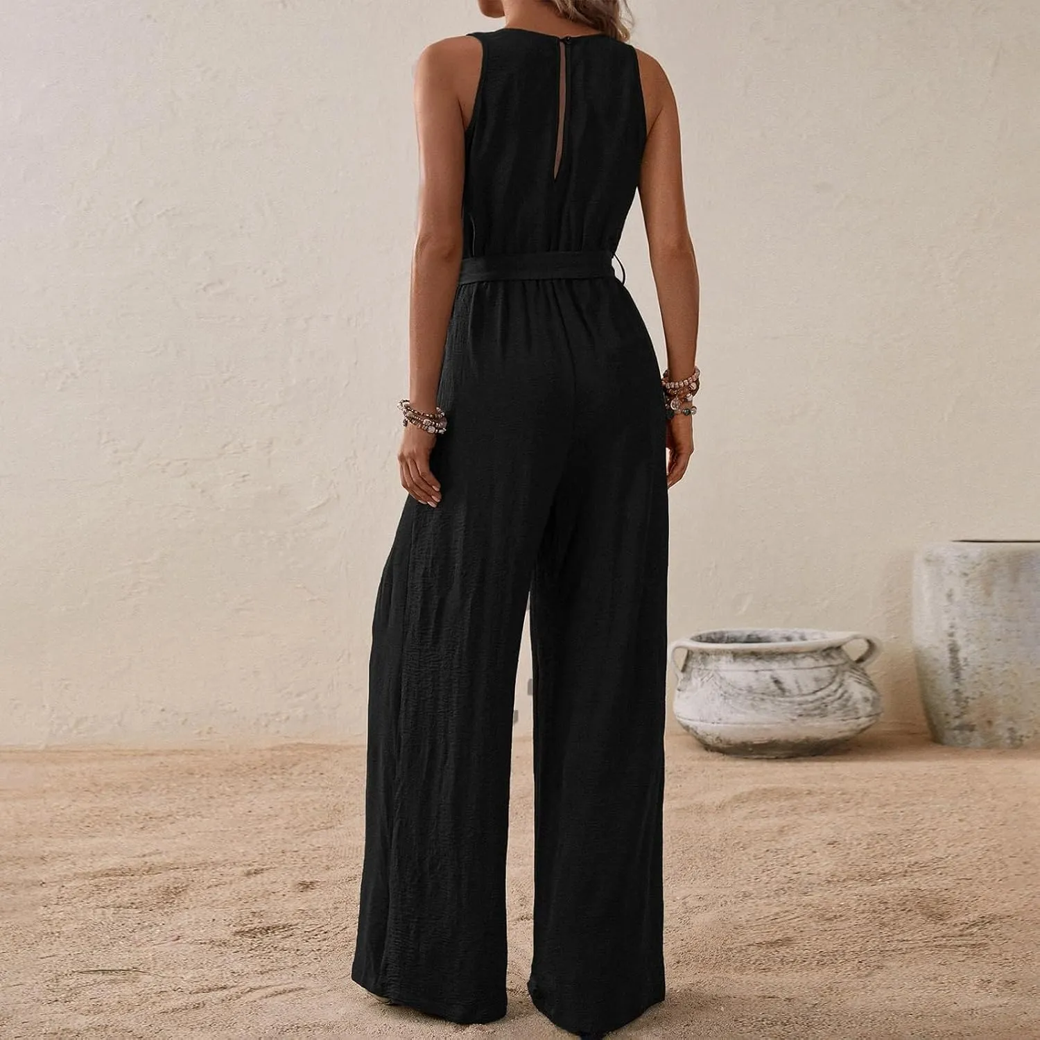 Sexy Jumpsuits for Women Linen Deep V Neck Sleeveless Belted Loose Fit Overalls Wrap Baggy Wide Leg Summer Beach Flowy Pants