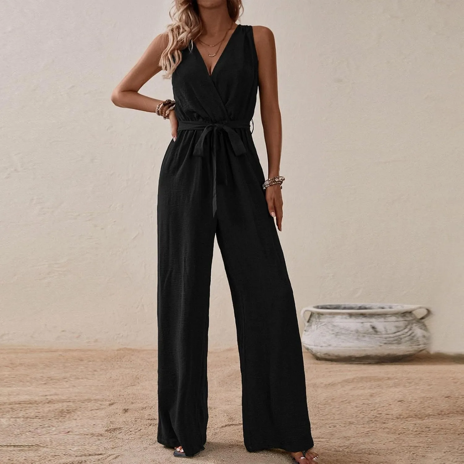 Sexy Jumpsuits for Women Linen Deep V Neck Sleeveless Belted Loose Fit Overalls Wrap Baggy Wide Leg Summer Beach Flowy Pants