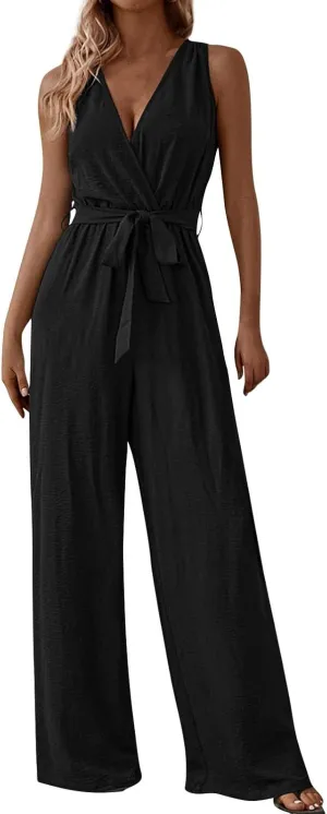 Sexy Jumpsuits for Women Linen Deep V Neck Sleeveless Belted Loose Fit Overalls Wrap Baggy Wide Leg Summer Beach Flowy Pants