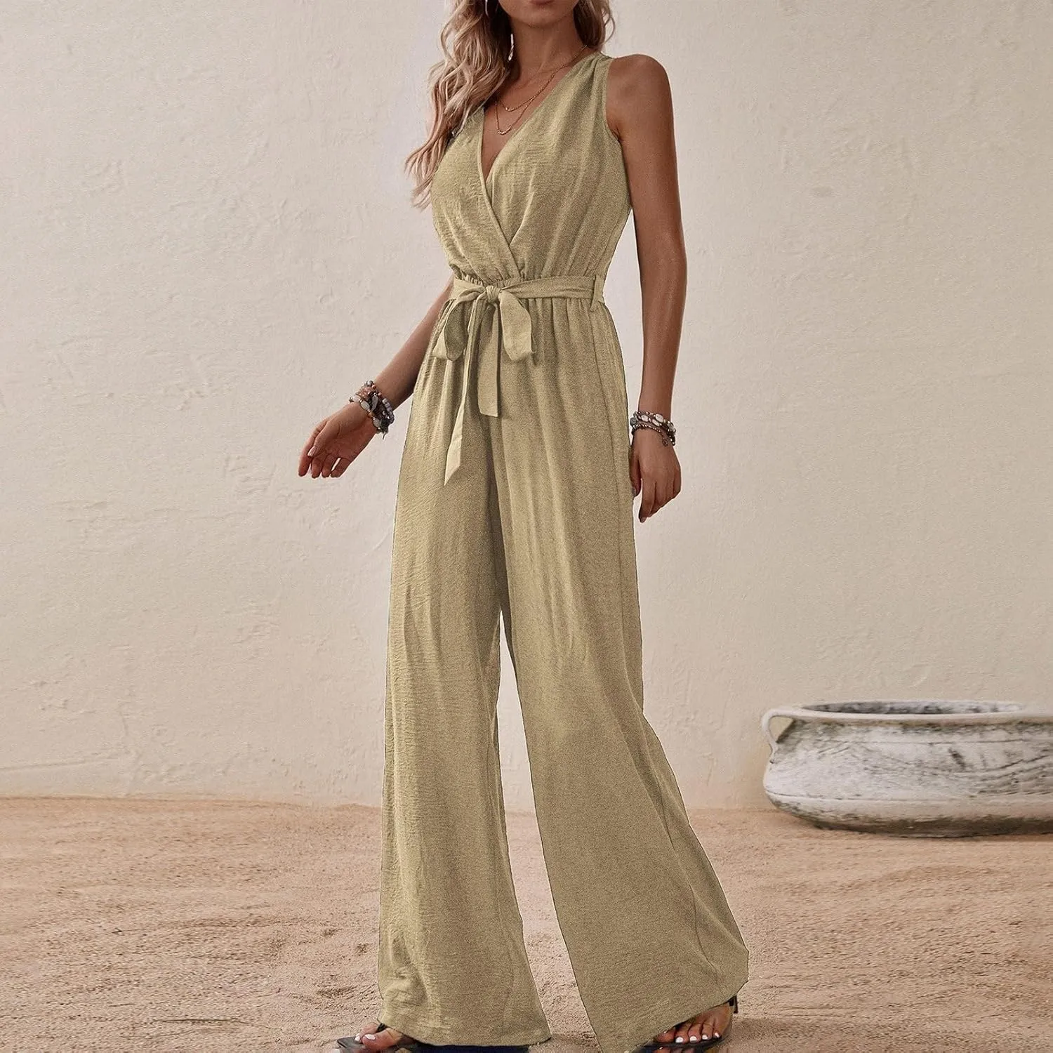 Sexy Jumpsuits for Women Linen Deep V Neck Sleeveless Belted Loose Fit Overalls Wrap Baggy Wide Leg Summer Beach Flowy Pants