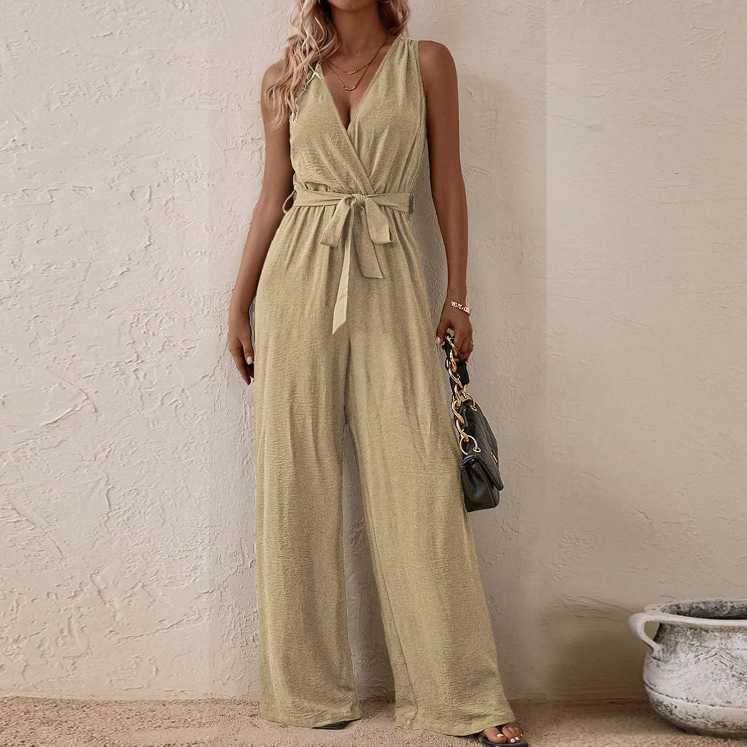 Sexy Jumpsuits for Women Linen Deep V Neck Sleeveless Belted Loose Fit Overalls Wrap Baggy Wide Leg Summer Beach Flowy Pants