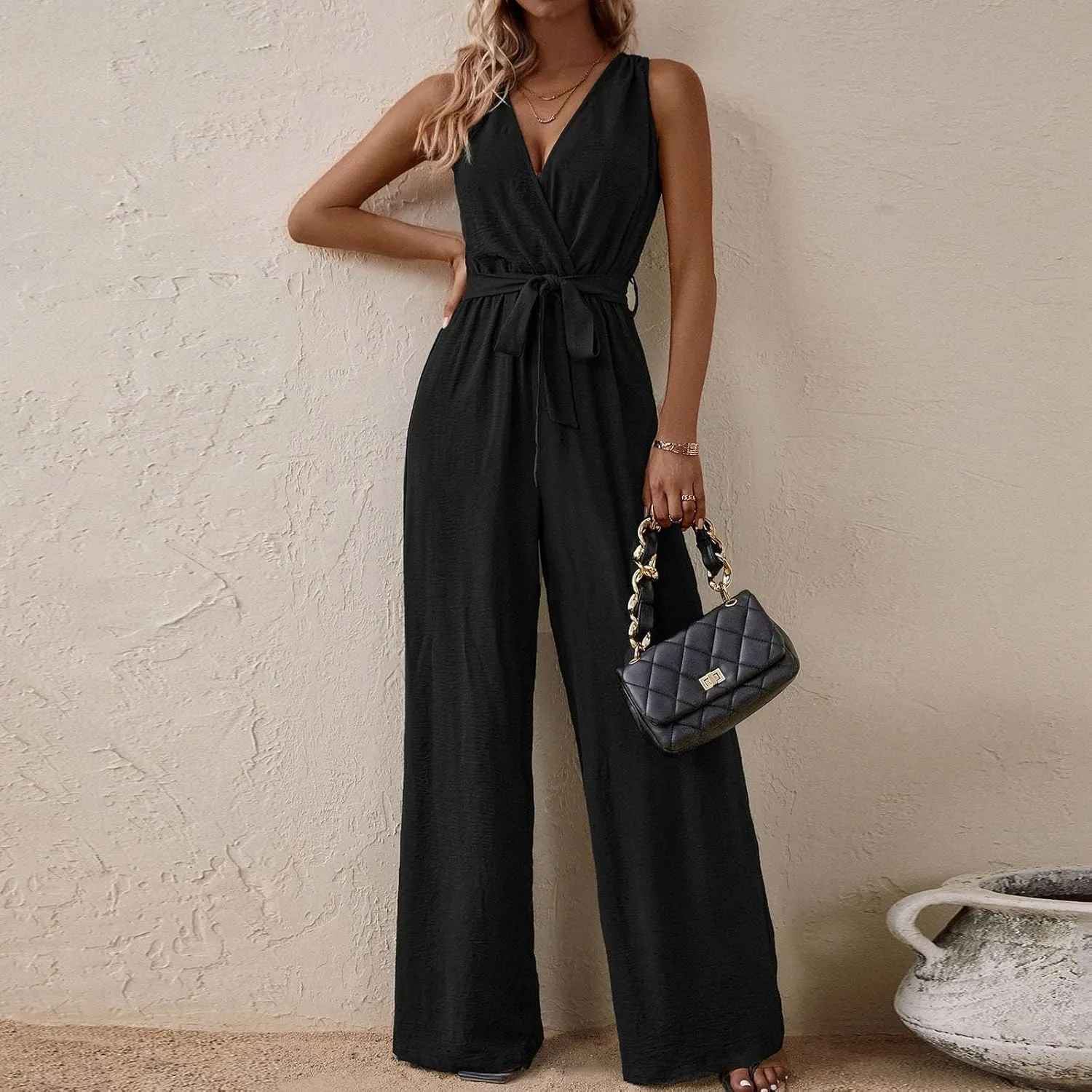 Sexy Jumpsuits for Women Linen Deep V Neck Sleeveless Belted Loose Fit Overalls Wrap Baggy Wide Leg Summer Beach Flowy Pants