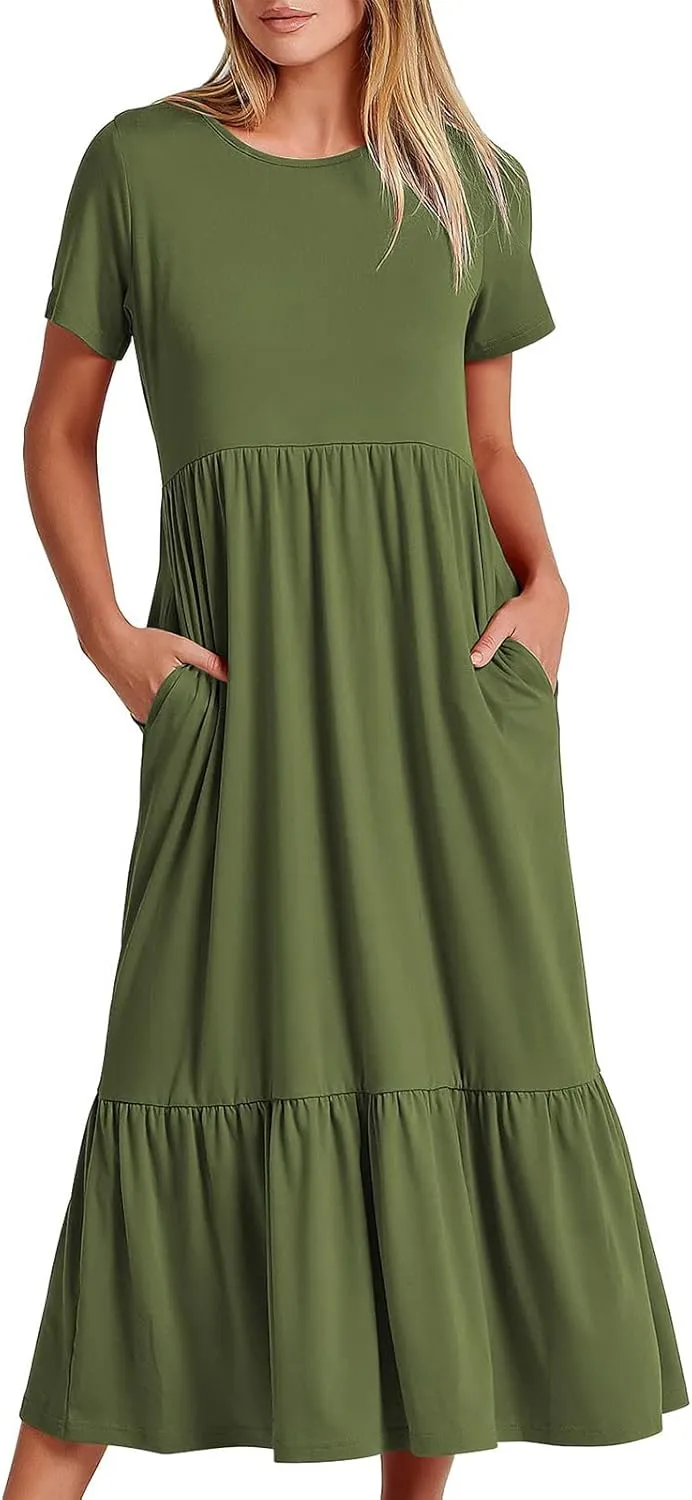 Short Sleeve Shirt Dresses for Women Dressy 2023 Casual Loose Ruffle Flowy Maxi Long Dress with Pockets