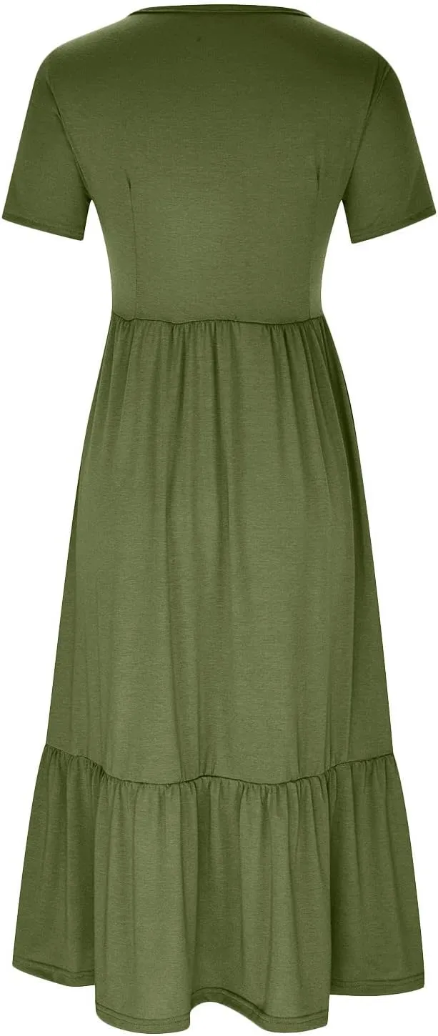 Short Sleeve Shirt Dresses for Women Dressy 2023 Casual Loose Ruffle Flowy Maxi Long Dress with Pockets