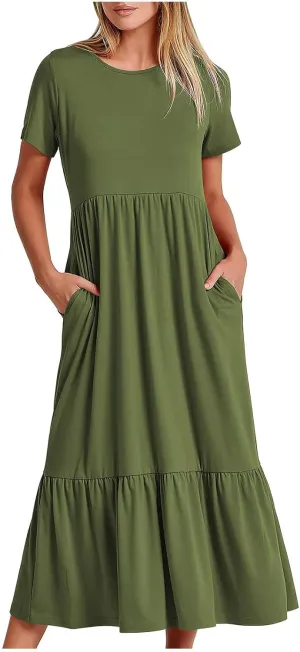 Short Sleeve Shirt Dresses for Women Dressy 2023 Casual Loose Ruffle Flowy Maxi Long Dress with Pockets
