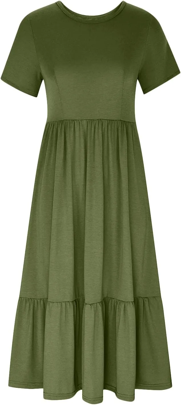 Short Sleeve Shirt Dresses for Women Dressy 2023 Casual Loose Ruffle Flowy Maxi Long Dress with Pockets