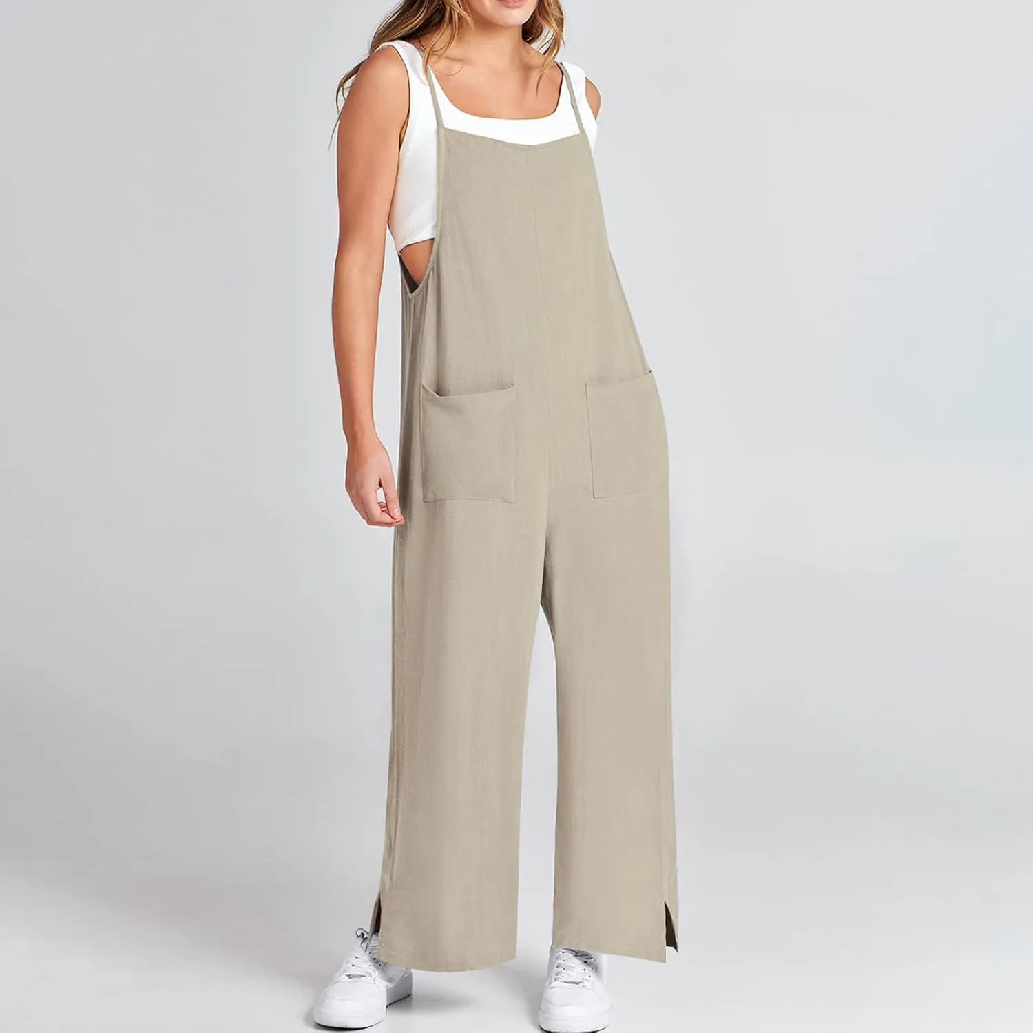 Sleeveless Jumpsuits For Women Summer 2024 Cotton Linen Wide Leg Pants Romper Spaghetti Strap Pockets Overalls