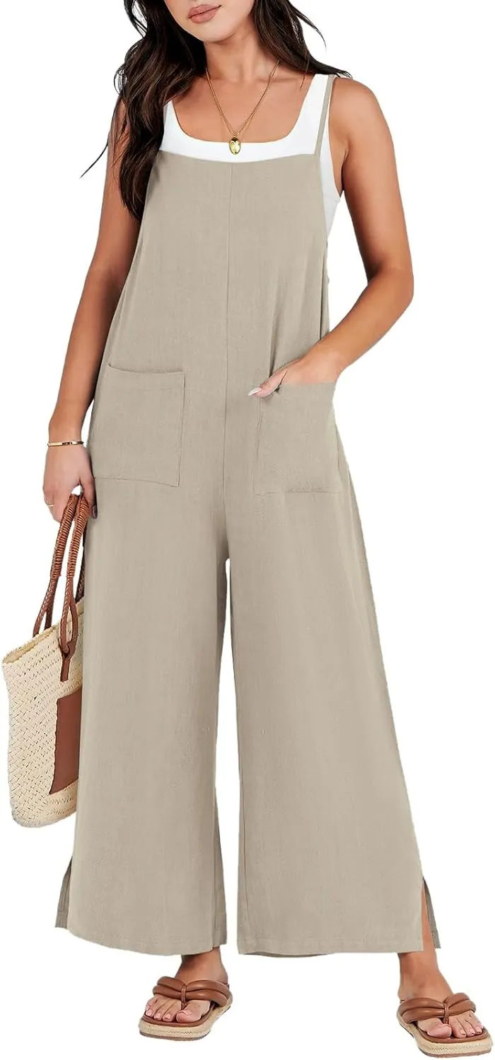 Sleeveless Jumpsuits For Women Summer 2024 Cotton Linen Wide Leg Pants Romper Spaghetti Strap Pockets Overalls