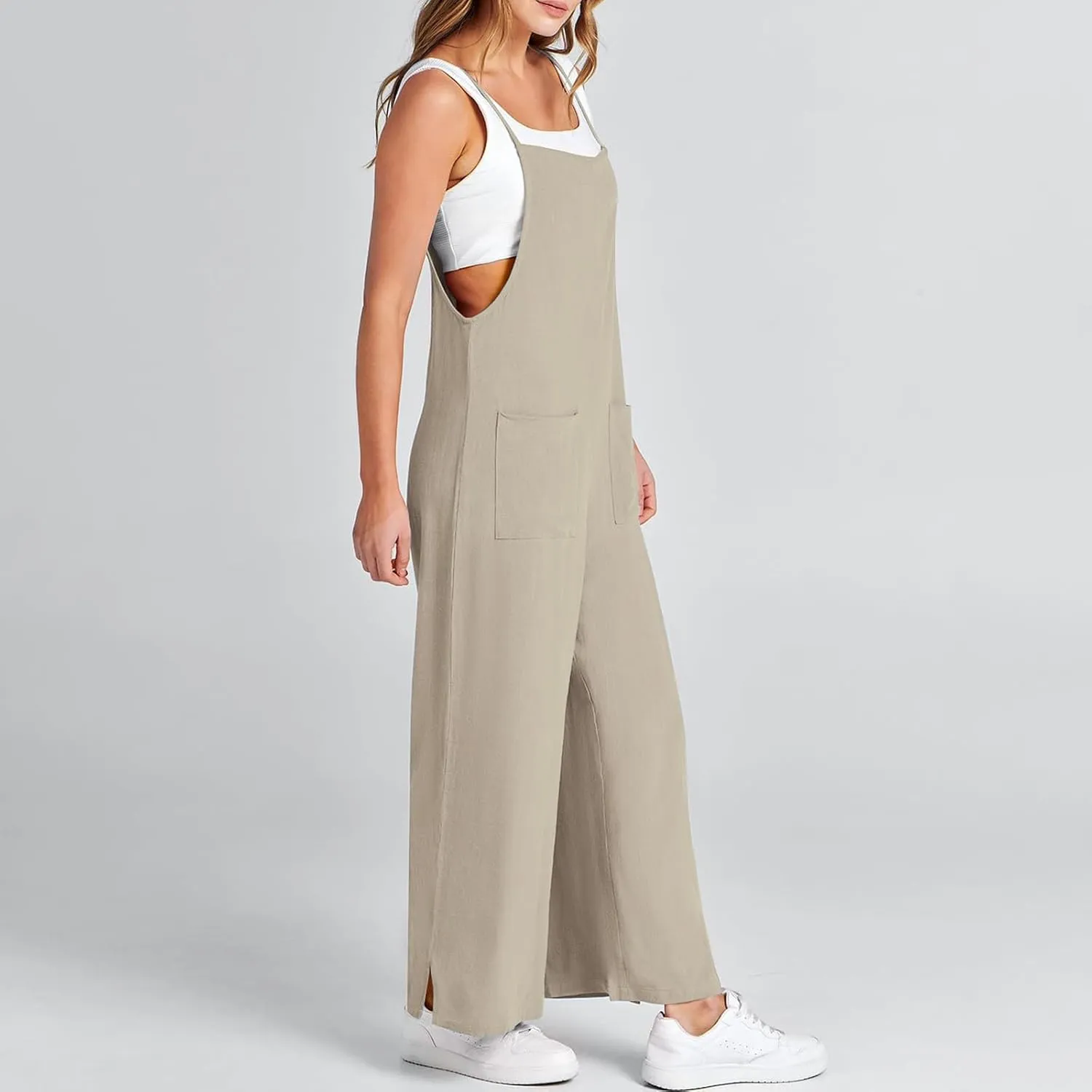 Sleeveless Jumpsuits For Women Summer 2024 Cotton Linen Wide Leg Pants Romper Spaghetti Strap Pockets Overalls