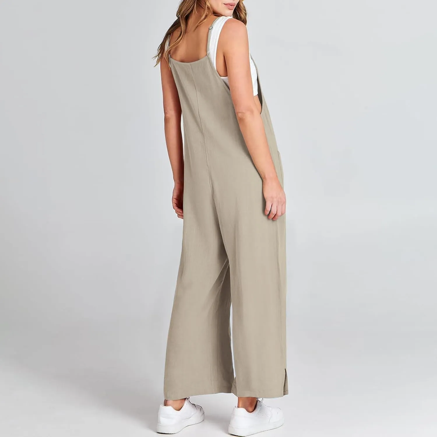 Sleeveless Jumpsuits For Women Summer 2024 Cotton Linen Wide Leg Pants Romper Spaghetti Strap Pockets Overalls
