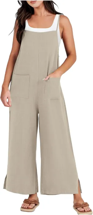 Sleeveless Jumpsuits For Women Summer 2024 Cotton Linen Wide Leg Pants Romper Spaghetti Strap Pockets Overalls