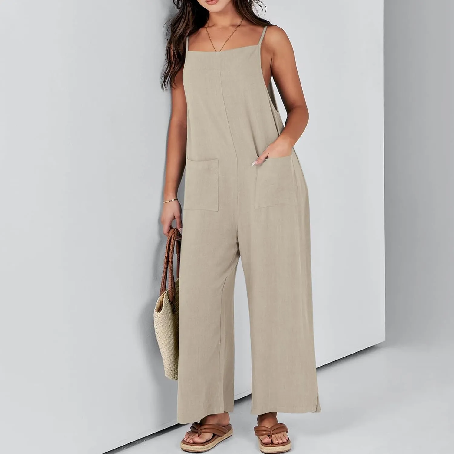 Sleeveless Jumpsuits For Women Summer 2024 Cotton Linen Wide Leg Pants Romper Spaghetti Strap Pockets Overalls