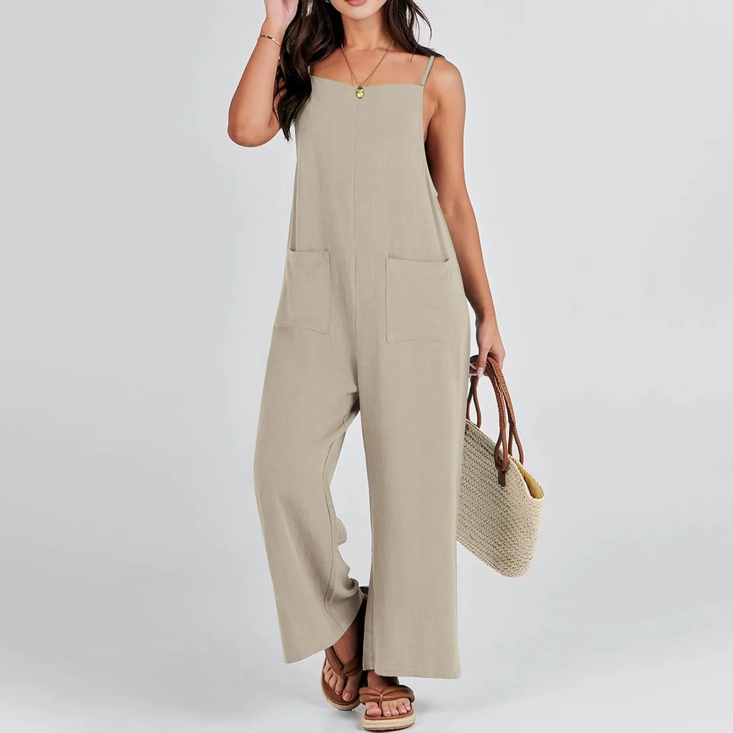 Sleeveless Jumpsuits For Women Summer 2024 Cotton Linen Wide Leg Pants Romper Spaghetti Strap Pockets Overalls