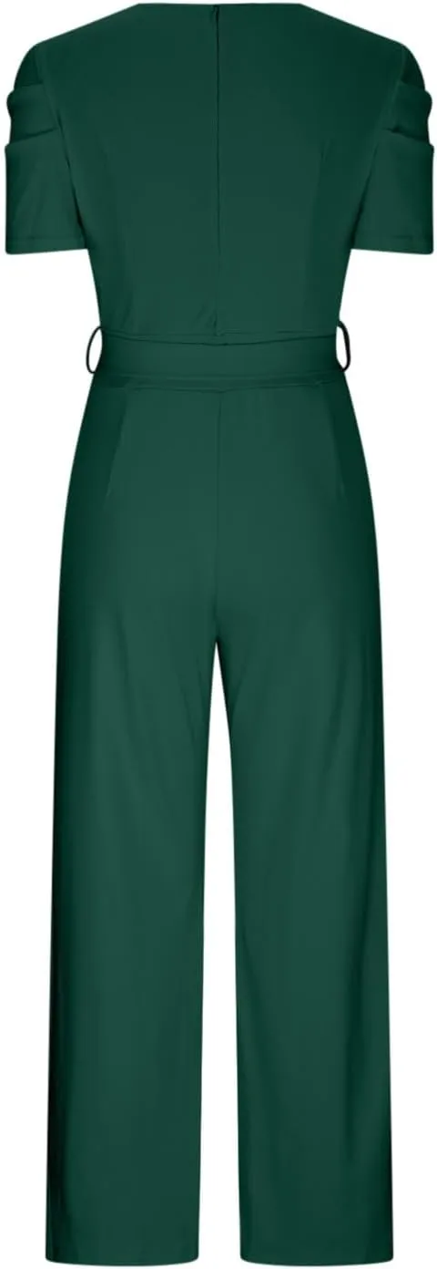 Slim Fit Jumpsuit Women V Neck Dressy Romper Classy Wide Leg Playsuit Sexy Casual Strappy Waist Up Romper Pants