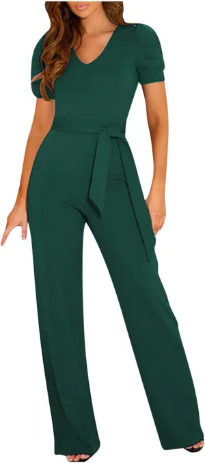 Slim Fit Jumpsuit Women V Neck Dressy Romper Classy Wide Leg Playsuit Sexy Casual Strappy Waist Up Romper Pants